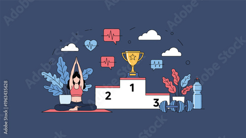 Woman practicing yoga in a seated position next to a winner's podium and sports equipment like dumbbells and a water bottle.