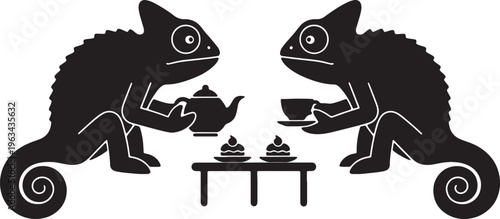 chameleons sitting at a table with cakes and tea