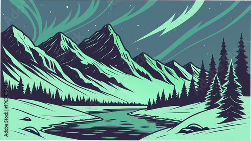 Aurora Borealis Snow Mountain Landscape T-Shirt Design