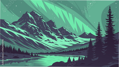 Aurora Borealis Snow Mountain Landscape T-Shirt Design