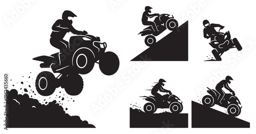 Set of ATV riders performing stunts and off-road driving, illustrating extreme sports and adventure.