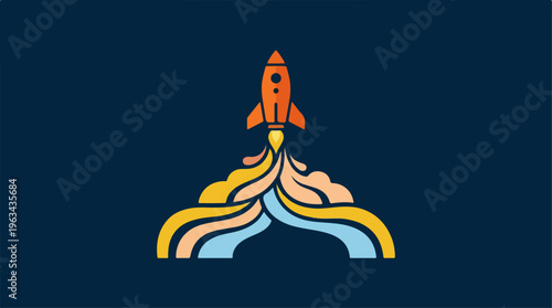 Orange rocket ship launching with colorful flames on dark blue background.