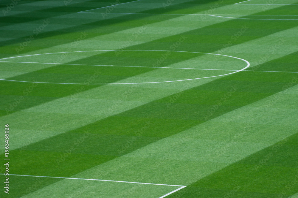 Obraz premium Background Texture of International-Standard Football Pitch with Striped Grass and Field Lines Under Clear Conditions