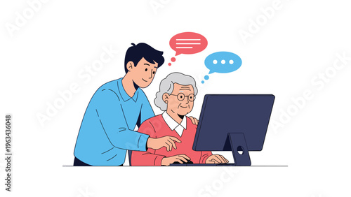 Young man teaching an elderly woman how to use a desktop computer with colorful speech bubbles representing their active communication.