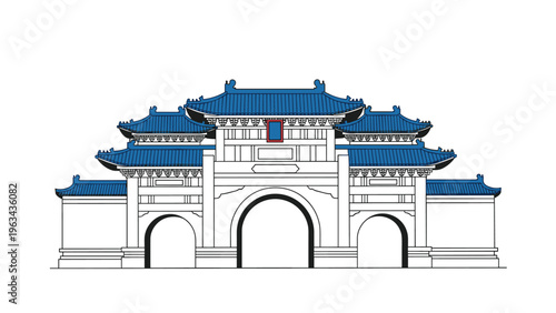 Ornate traditional Chinese archway with a prominent blue roof and white walls standing against a clean white background in illustration.