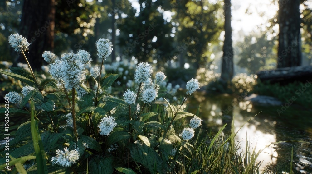 Obraz premium Wild white blossoms thrive beside a tranquil forest stream under bright sunshine
