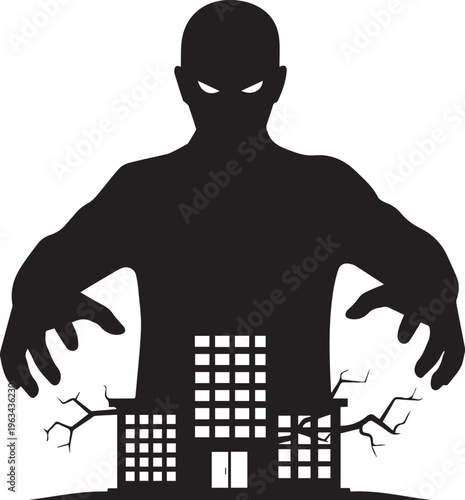Black silhouette of a monstrous figure destroying a city skyscraper isolated on transparent background