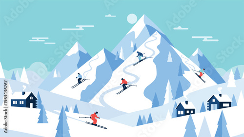 Several skiers enjoying a winter day by gliding down snowy slopes of a large mountain near small cozy cabins and pine trees.