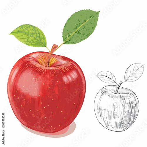 A fresh ripe red apple with green leaves isolated on a clean white background representing healthy natural food