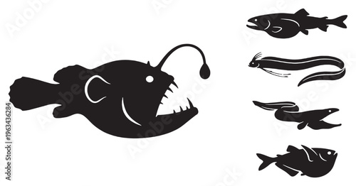 Set of various fish silhouettes including anglerfish, eel, and other aquatic creatures, depicting marine life.