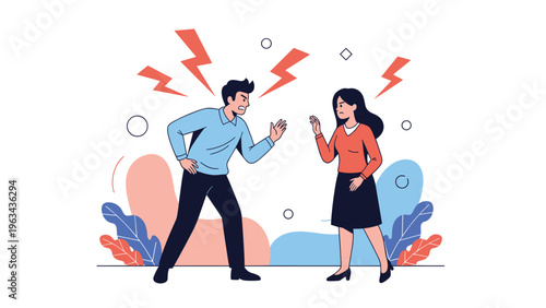 Angry man and woman shouting at each other during a heated argument with red lightning symbols representing their intense conflict.