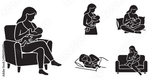 Set of black and white icons depicting a mother breastfeeding her baby in various positions, illustrating different ways to nurse.