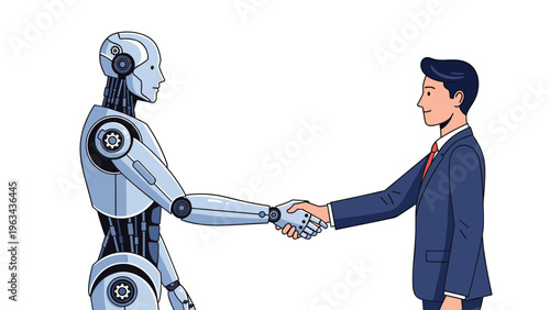 Modern silver robot and a professional businessman in a suit shaking hands as a symbol of cooperation between humans and machines.