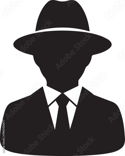 Black silhouette of a man wearing a fedora hat and business suit isolated on transparent background