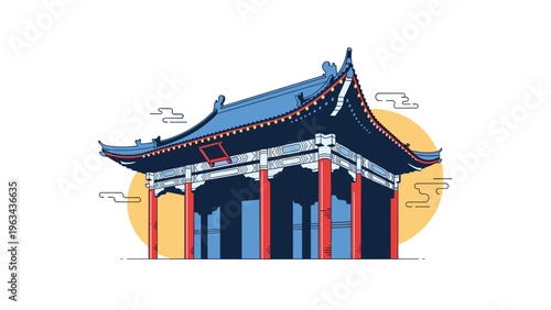 Stunning traditional Chinese pavilion with a distinctive blue roof and red pillars standing against a bright yellow circular background.