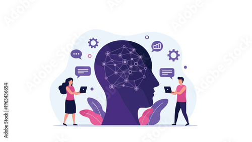 Business professionals working on laptops next to a large human head silhouette symbolizing artificial intelligence and cognitive computing.