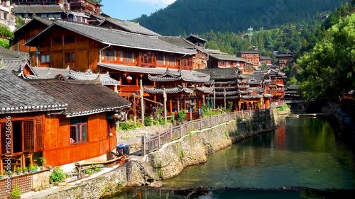 Traditional Miao Village Along River in Guizhou, China