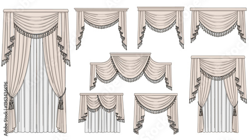 Collection of elegant curtain and drapery designs featuring various swag styles, tassels, and layered fabrics for interior decoration.