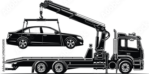Tow truck lifting car, vehicle recovery service, flatbed crane transport, roadside assistance concept, black silhouette vector, automotive towing illustration design