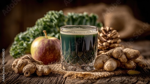 Glass of dark green healthful beverage surrounded by fresh ingredients on rustic wood