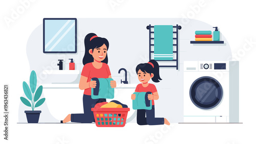 Mother and her young daughter happily folding clean laundry together in a modern laundry room to show family teamwork and household chores.