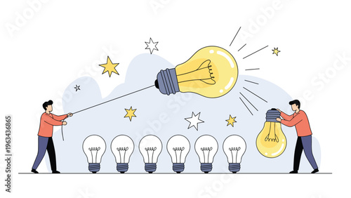 Two business professionals collaborating to pull a giant lit light bulb from a row of empty ones symbolizing the birth of a creative idea.