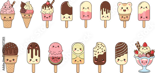 Cute ice cream and popsicle vector set with kawaii desserts, cones and sweet frozen treats in cartoon style
