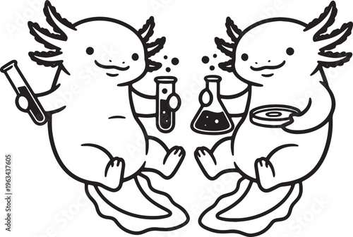 Cute cartoon axolotls holding laboratory equipment smiling