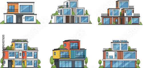 Modern house architecture collection with luxury contemporary homes glass windows eco design cartoon vector illustration set