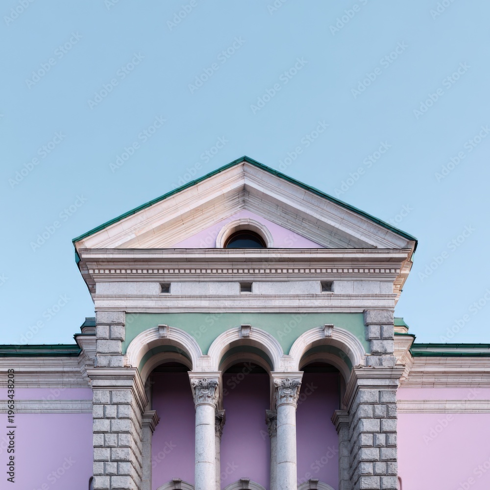 Fototapeta premium Mint and lilac classical pediment with triple arches corinthian columns rusticated piers and pale blue sky monumental facade frontal view