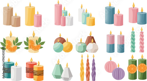 Decorative candles vector set with scented candles, twisted wax shapes, festive and cozy home decor elements