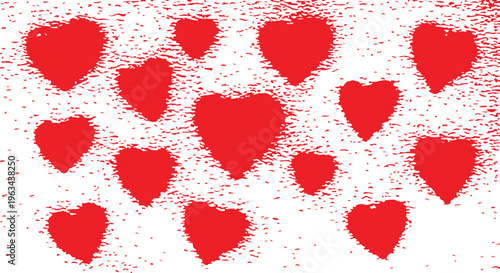 A collection of red heart silhouettes featuring a heavy spray-paint or stencil effect on a white background.