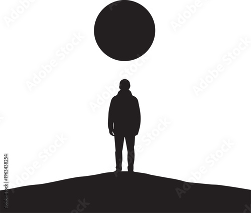 Silhouette of a man standing on a hill looking up at a large black sun or moon isolated on white background
