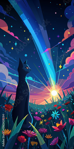 Whimsical feline in a vibrant cosmic garden