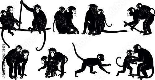 Monkey family silhouettes with parent and baby primates sitting playing climbing jungle wildlife black vector illustration set