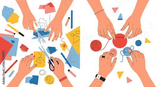 DIY craft activities vector set with hands cutting paper, sewing, knitting and creative handmade hobby illustrations