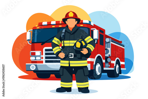 Firefighter in uniform standing next to a red fire truck.