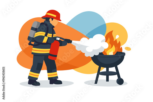 Firefighter in uniform carrying a fire extinguisher and oxygen tank.