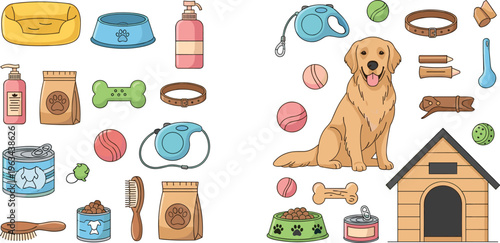 Dog care accessories vector set with pet food, toys, leash, shampoo, bowl and cute golden retriever illustration