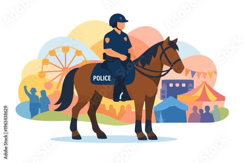 Horse at a lively fairground with Ferris wheel and people.