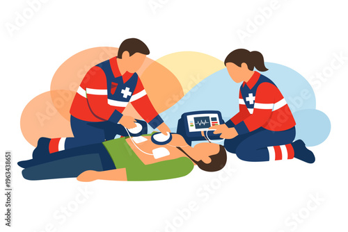 Paramedic performs CPR on unconscious patient emergency medical assistance.