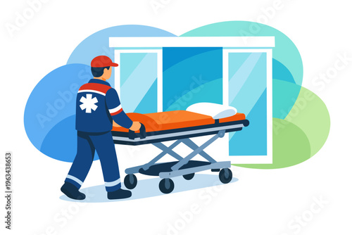 Paramedic pushing an ambulance stretcher with a patient.