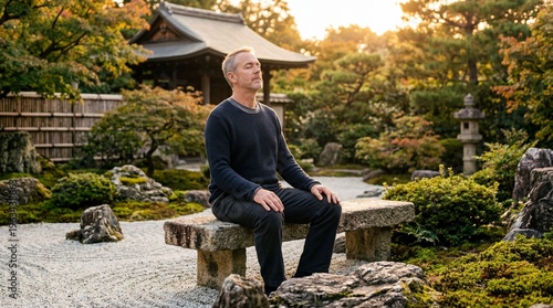 Man meditating on stone bench in Japanese zen garden during golden hour with warm backlight