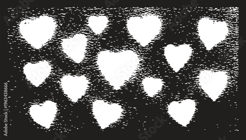 A collection of white heart-shaped silhouettes on a dark black textured background, featuring a gritty, high-contrast spray-paint or stencil effect with a distressed, grainy aesthetic.