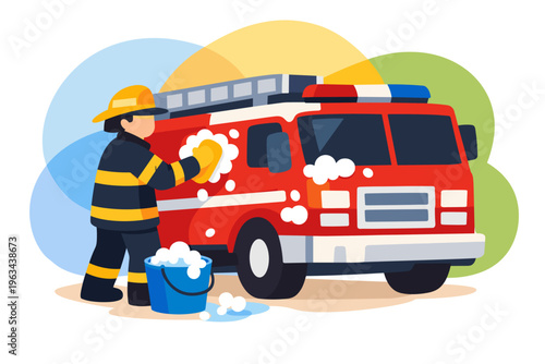 Firefighter washing a red fire truck with a yellow sponge.