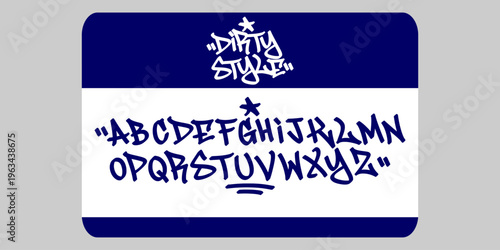 Graffiti Tag Alphabet Set A-Z in White Handstyle Typography with Realistic Aerosol Spray Paint Texture on Blue Background for Urban Streetwear Design