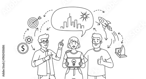 Three people discussing business strategy with graphs money and rocket icons