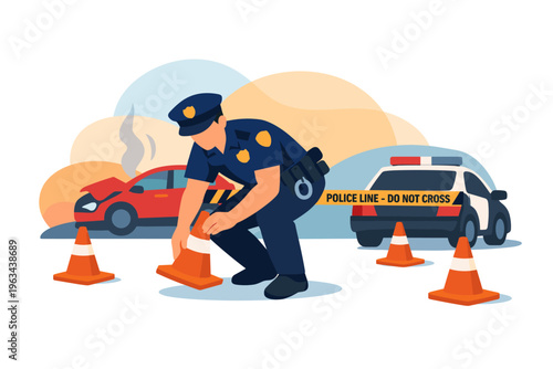 Police officer directing traffic at car accident scene with cones.