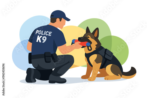 Police K9 officer kneeling in uniform with equipment.