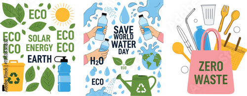 Eco sustainability vector set with recycling, zero waste, water conservation, solar energy and environmental protection elements in flat illustration style